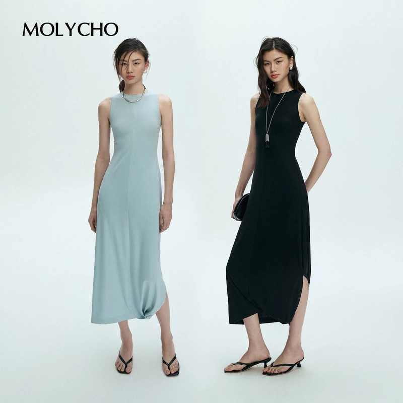 MOLYCHO 黑色设计感两穿无袖背心连衣裙女夏季修身显瘦时髦小黑裙