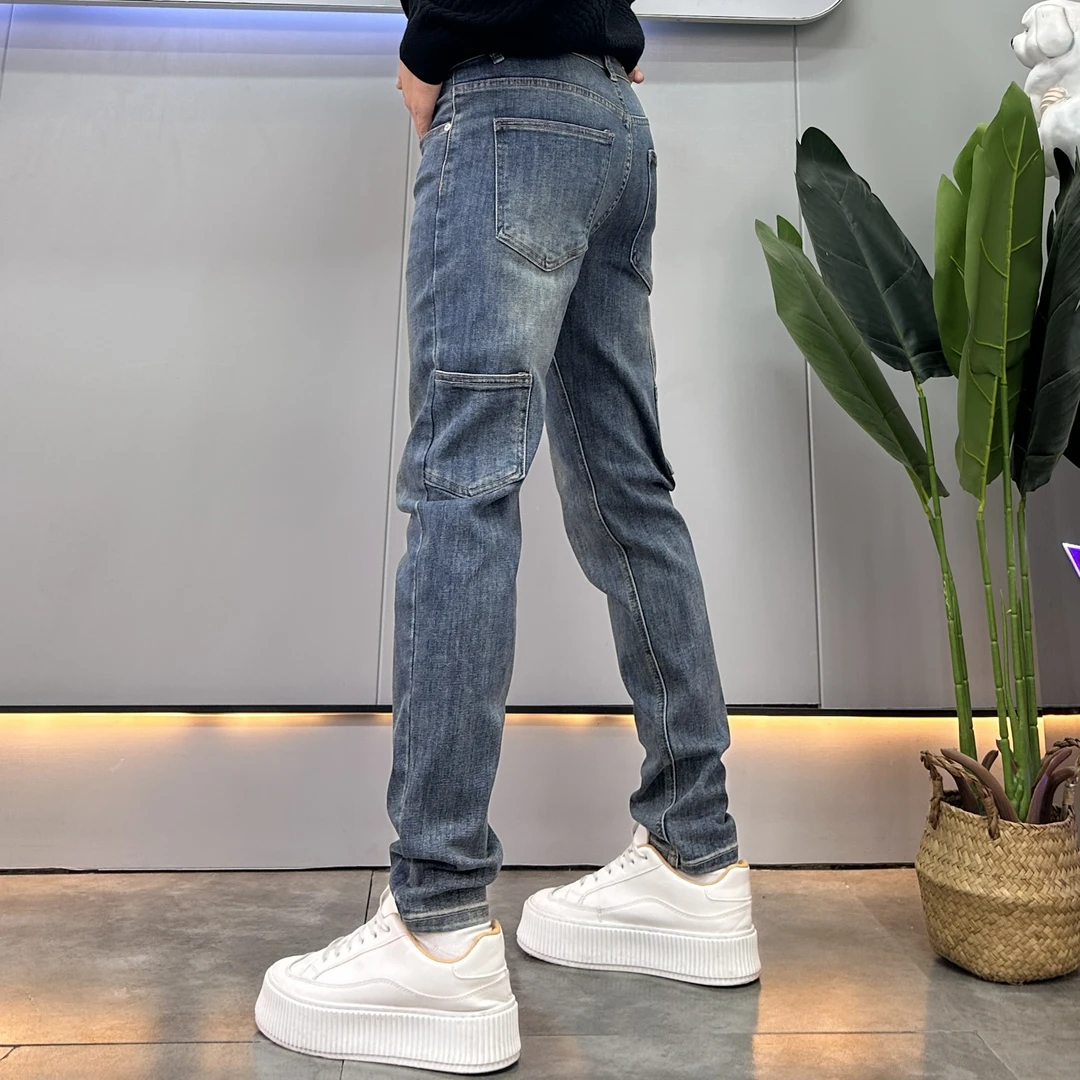 欧美拼接多口袋蓝色牛仔裤男2025春季新款修身弹力小脚长裤