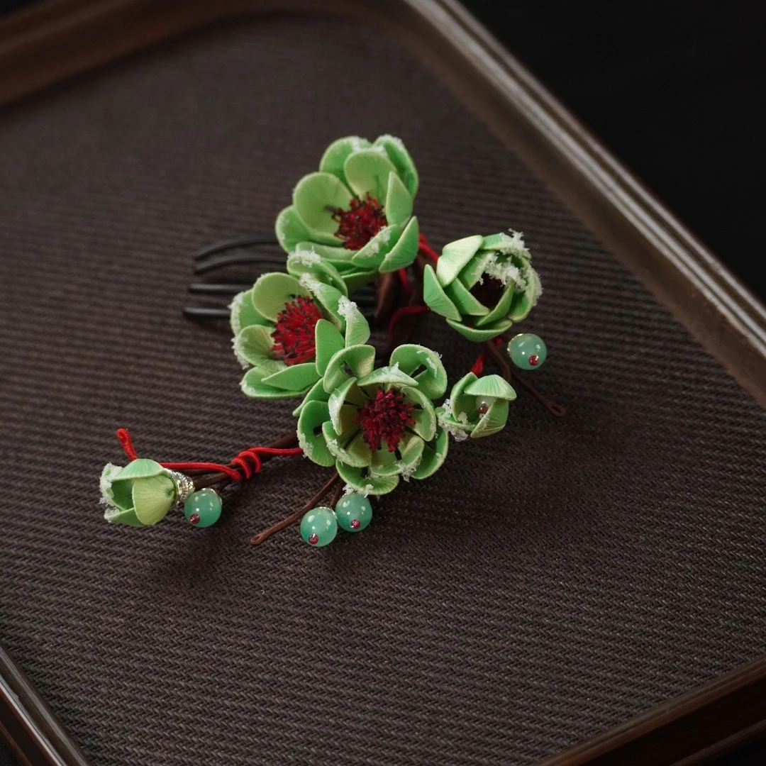 暗香雪绿梅插梳非遗绒花细绒条手工艺品汉服马面裙配饰气质头饰