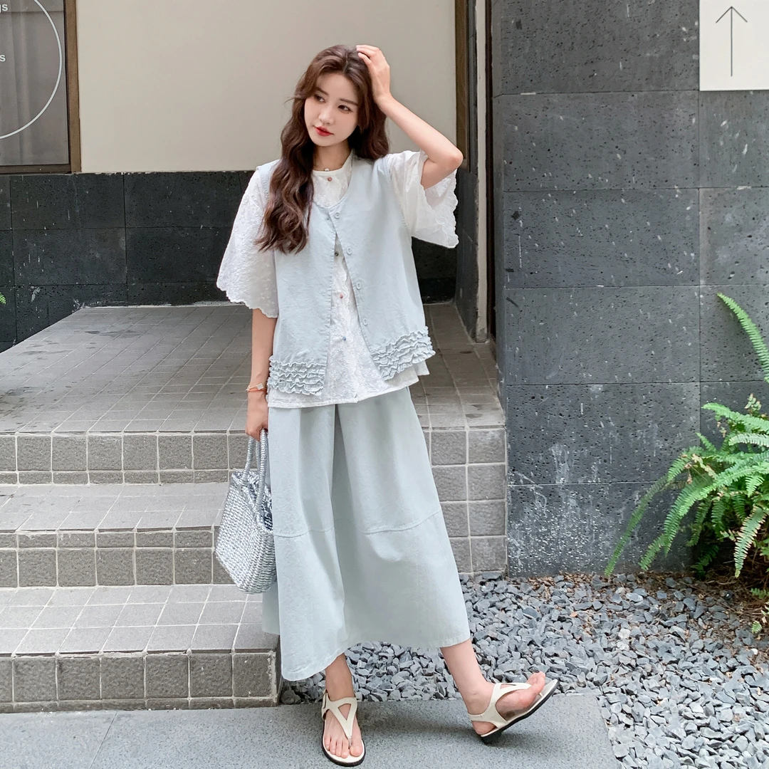 今年流行女装爆款高级感巨好看大方得体穿搭一整套蓝色三件套装夏