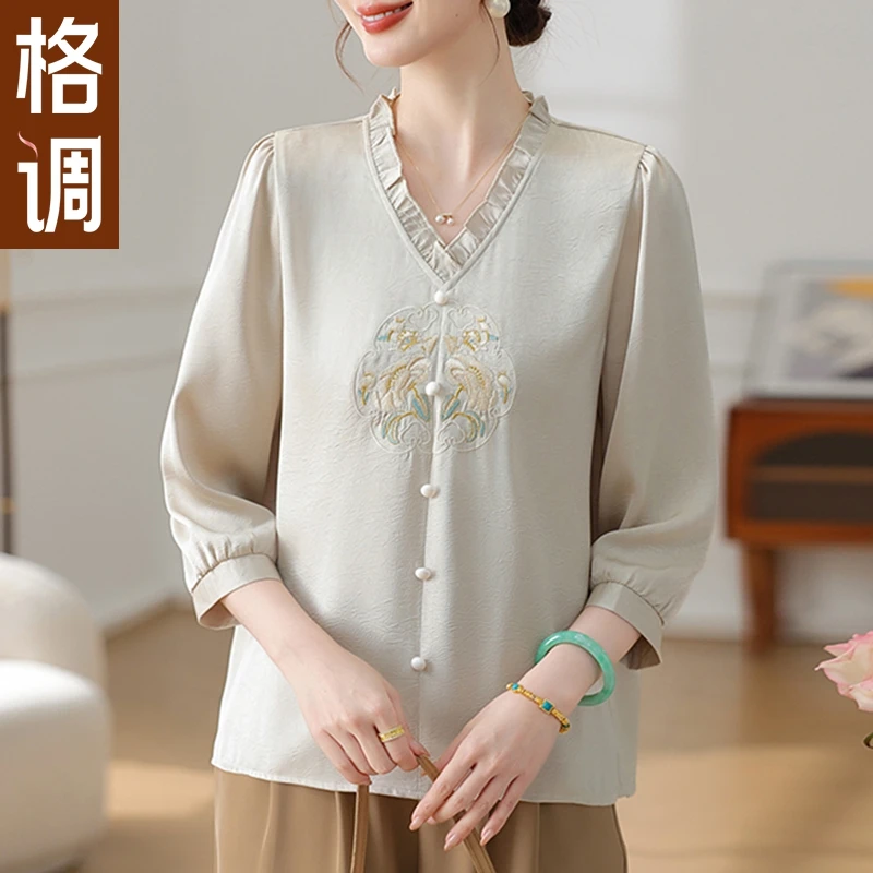 格调妈妈装短袖雪纺小衫新中式上衣服中老年女夏季t恤洋气衬衫