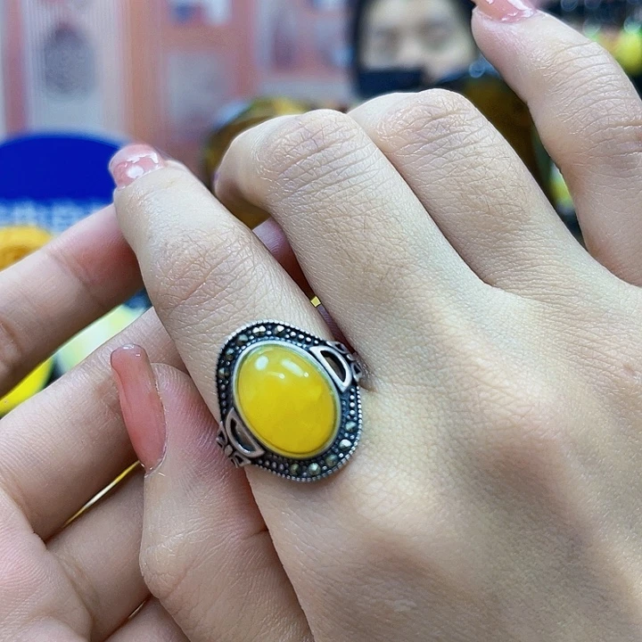 蜜蜡银S925镶嵌裸石戒指