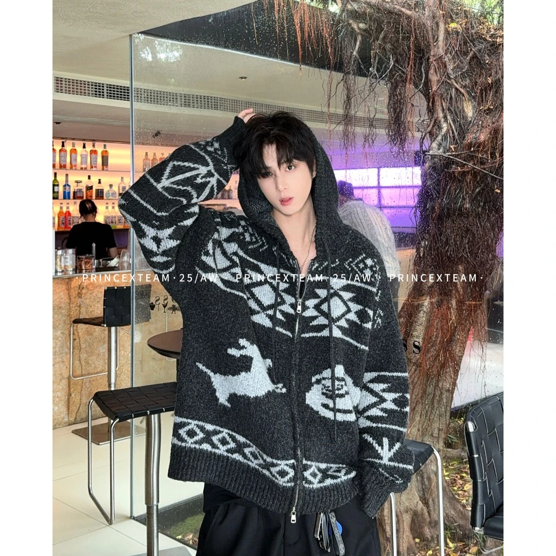 XT25/AW【玫瑰·小鹿】羊毛混纺提花连帽毛衣开衫外套男女同款氛围感