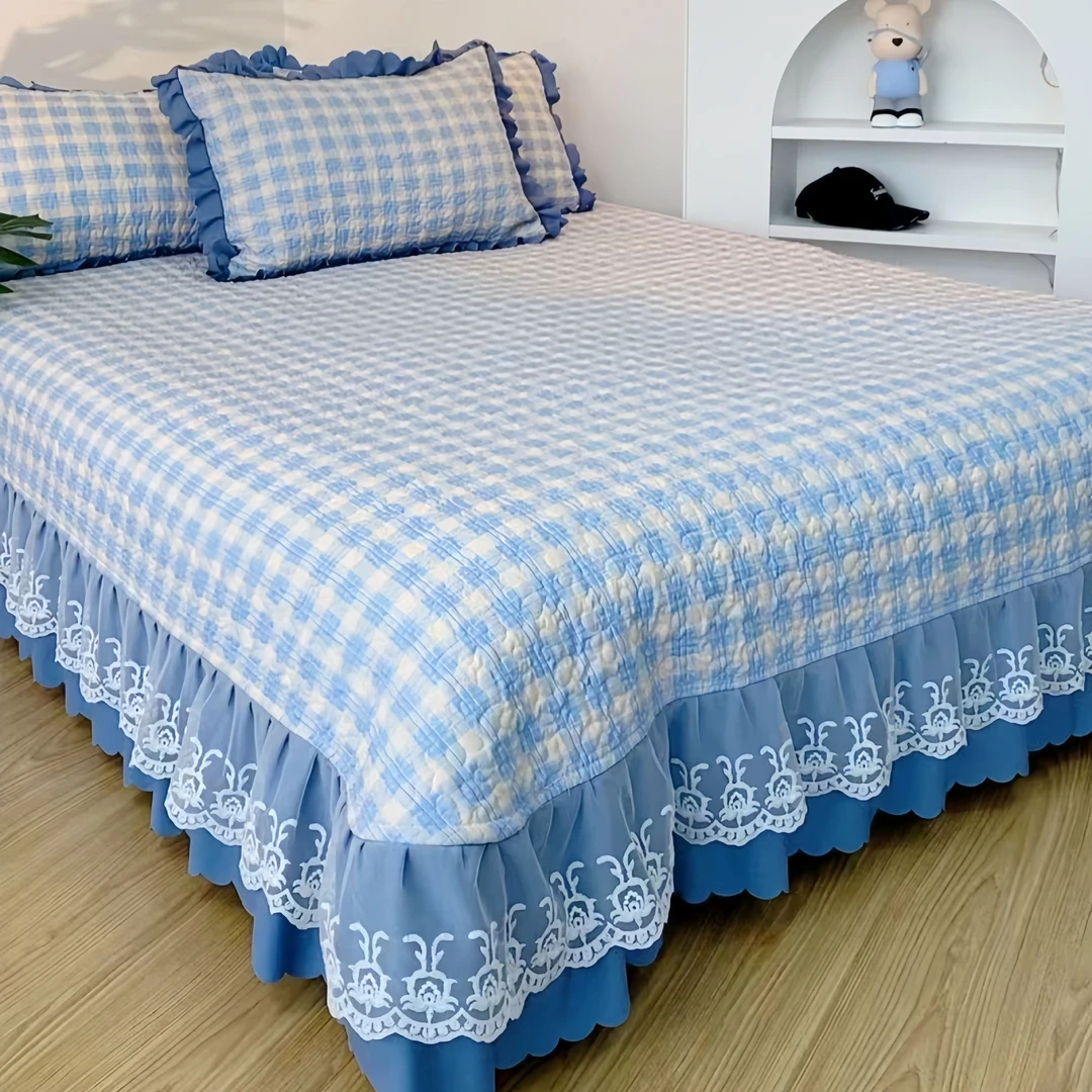 Z2025新款蕾丝双层纱床盖防滑夹棉绗缝床盖