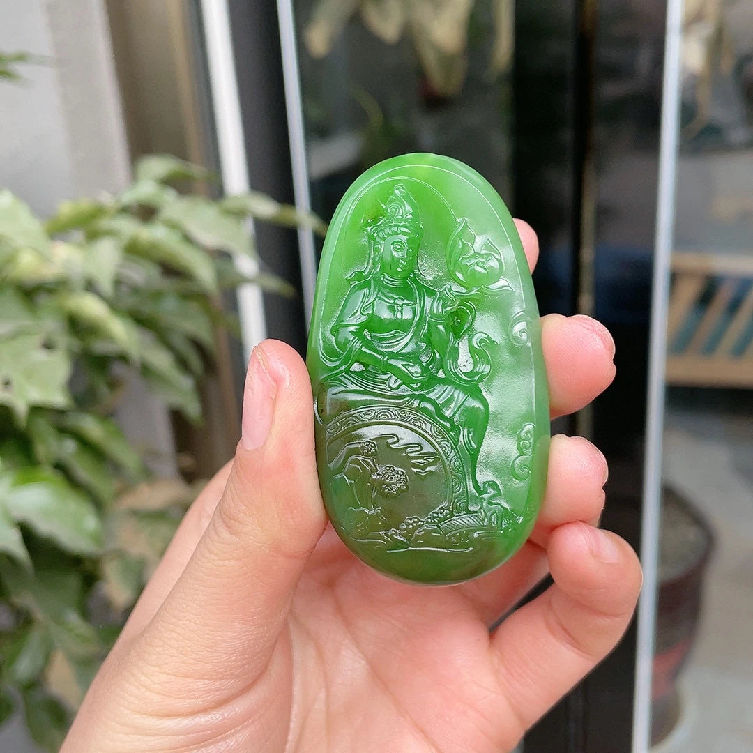 267186玉美人小程俄罗斯和田玉碧玉持莲观音玉牌挂件