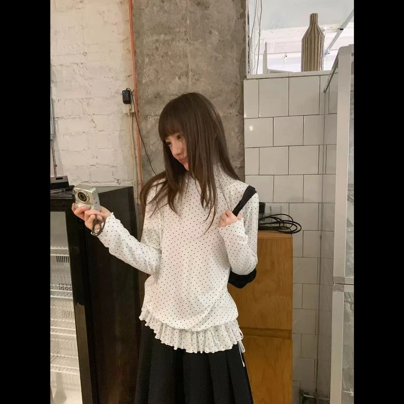 荷叶边设计感百搭T恤秋季高领波点打底衫女气质宽松长袖宽松上衣