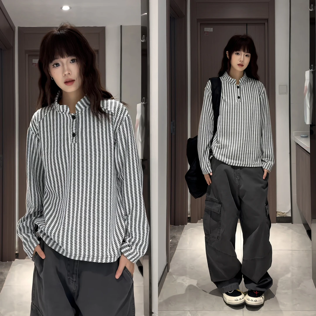 亨利领加绒卫衣男秋冬款美式重磅长袖t恤鱼骨条纹提花针织Polo衫