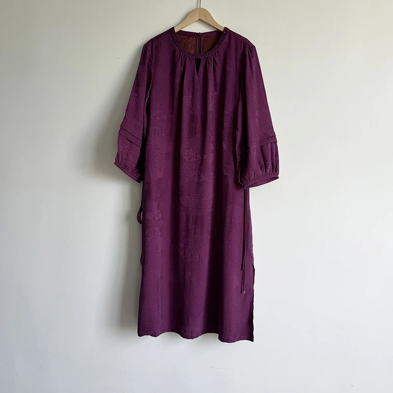 真丝香云纱花罗100%桑蚕丝连衣裙紫色气质女装Y224