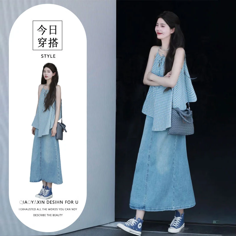 夏装搭配一整套盐系法式不规则无袖吊带背心上衣牛仔半身裙套装女