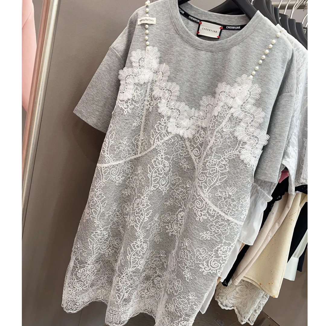 【251255】蕾丝时尚女士夏季灰色印花圆领拼接上衣
