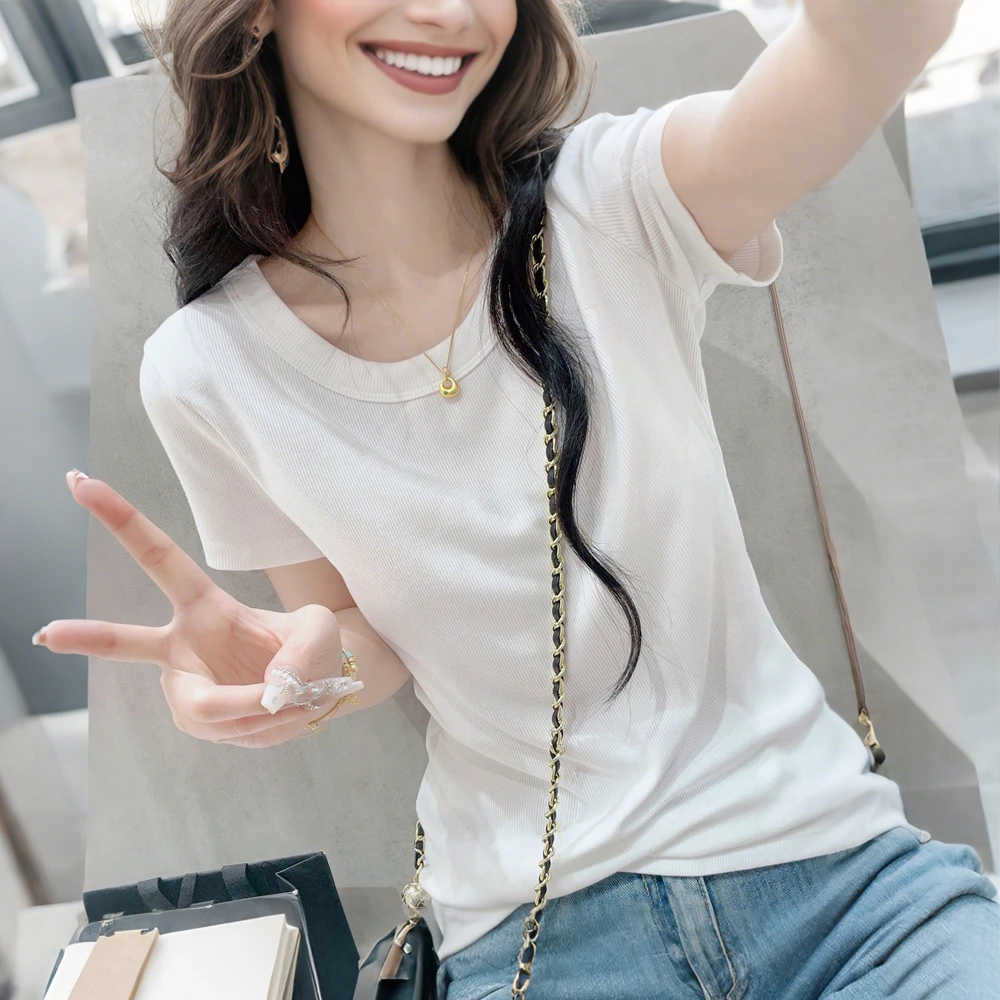 正肩短袖t恤女装夏季2025新款修身显瘦圆领基础款棉质打底衫上衣