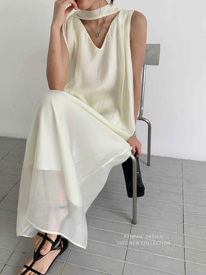 V领夏季通勤连衣裙薄款长裙东方洛可可