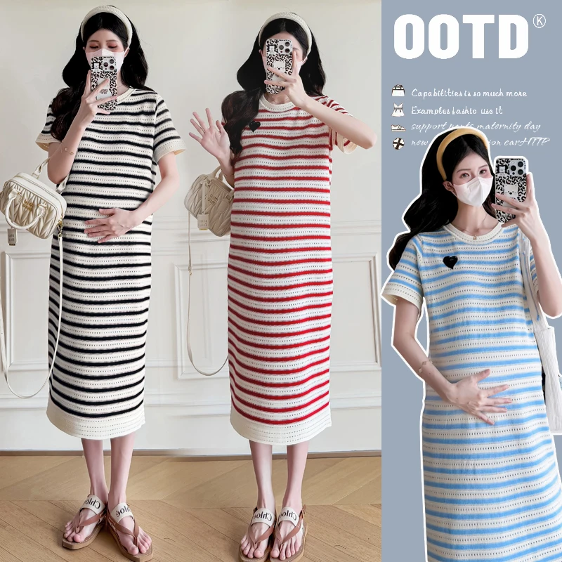 2025孕妇连衣裙夏季宽松针织冰丝镂空条纹中长款短袖T恤裙子