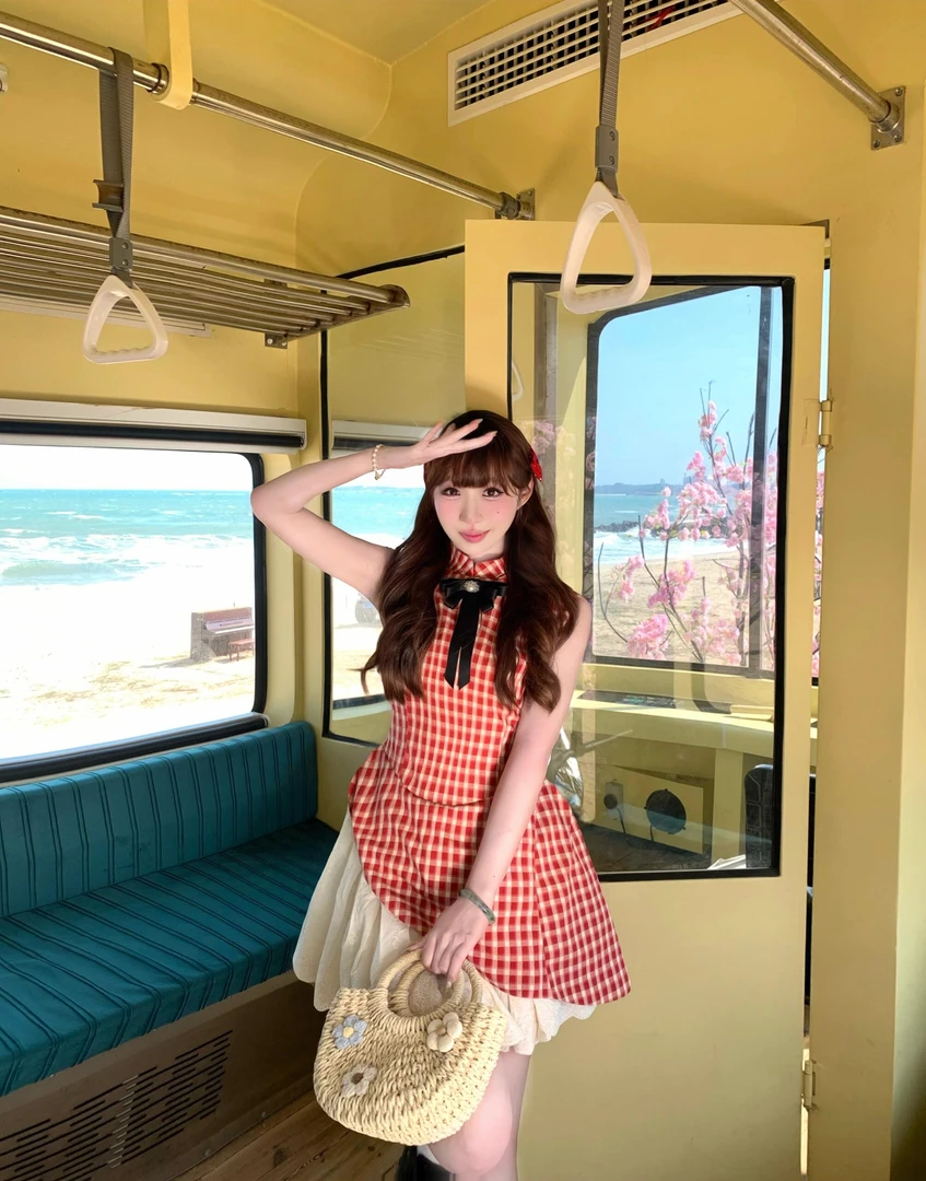 Liberty clothes 新中式红格纹小立领连衣裙女夏季收腰蓬蓬短裙子