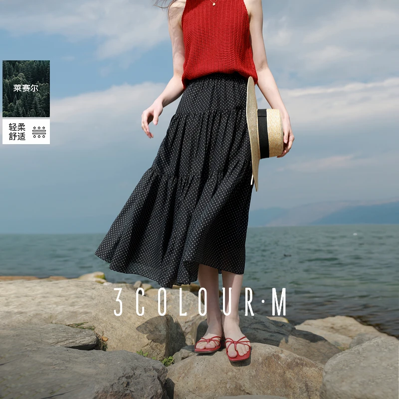 三彩2025夏季新款松紧高腰半身裙复古波点A字裙莱赛尔长裙度假M