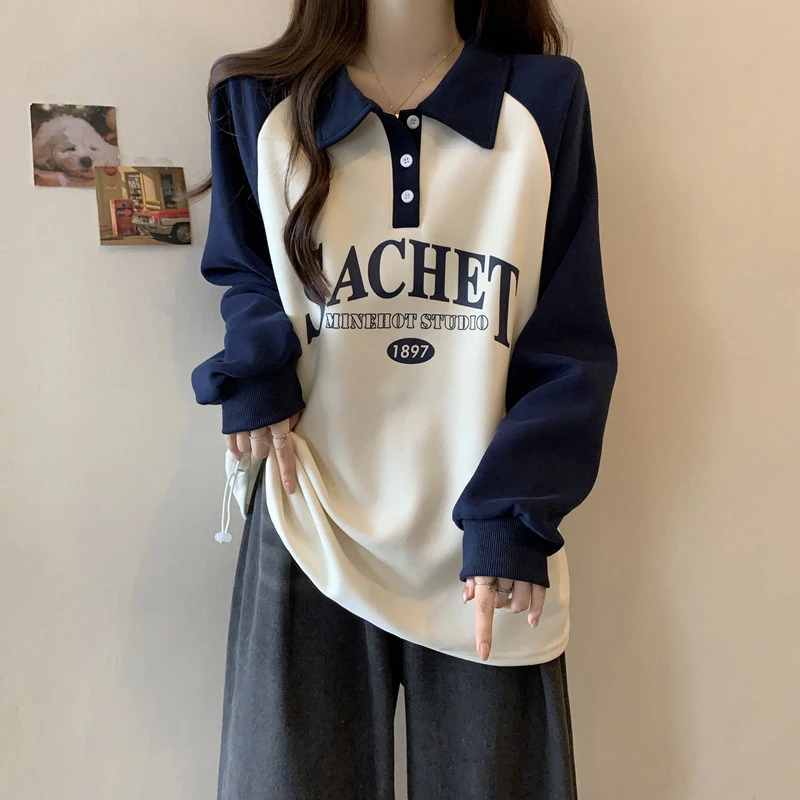 polo领字母撞色长袖卫衣女秋冬大码胖mm韩系休闲运动风显瘦上衣潮