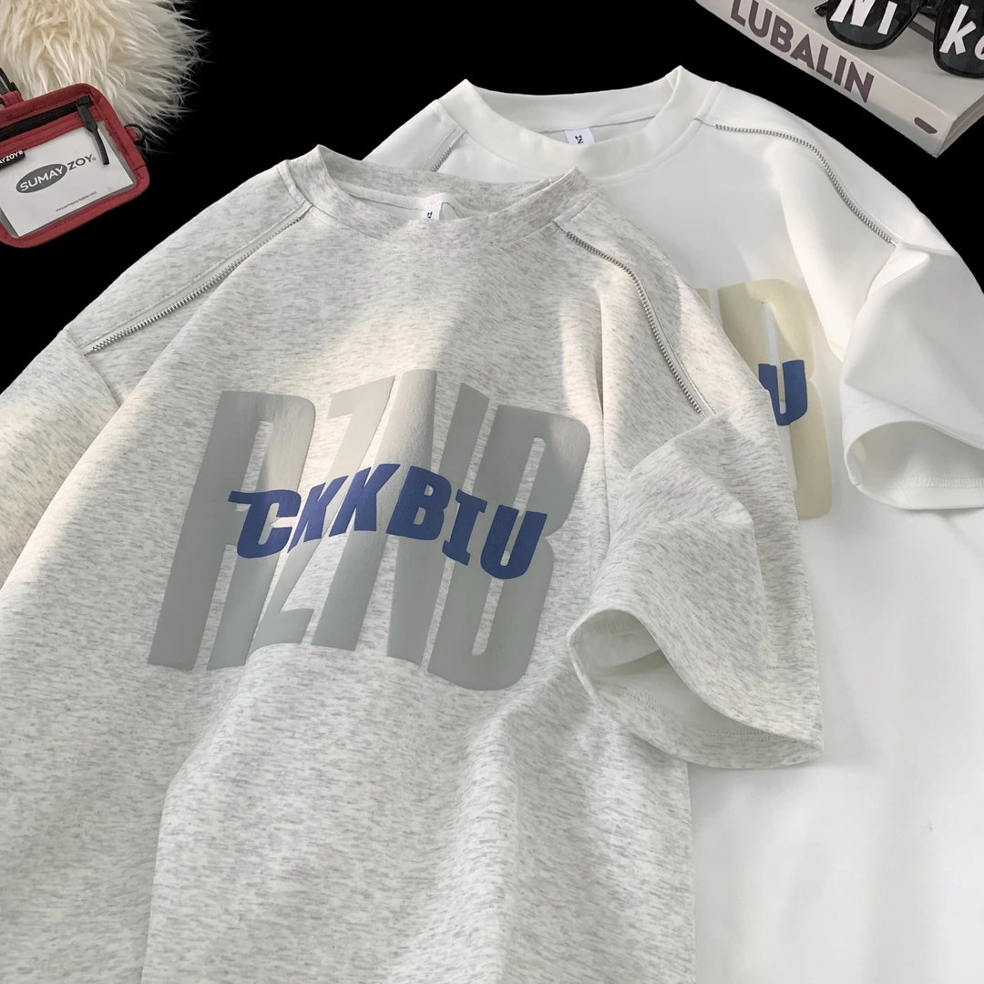 XXZZ 夏季重磅280g发泡字母美式短袖t恤男宽松慵懒潮牌半袖体恤