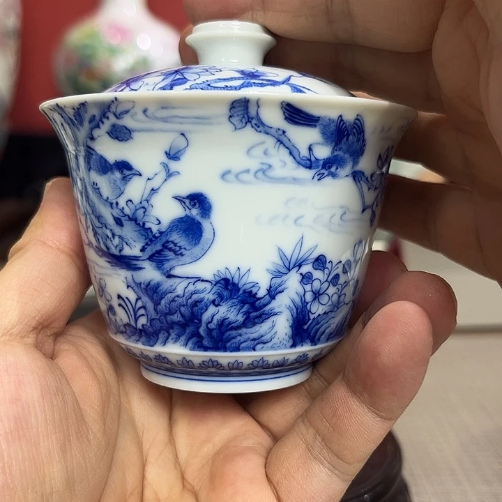 盖碗青花花鸟纹盖碗