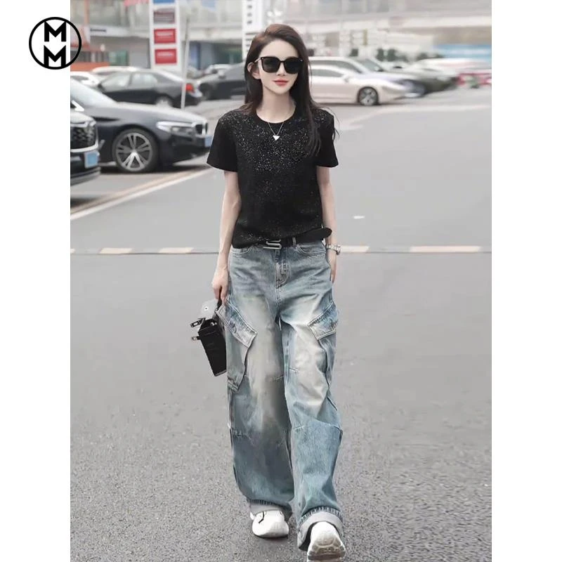 欧货炸街运动套装女2025新款夏季时髦洋气设计感工装牛仔裤两件套