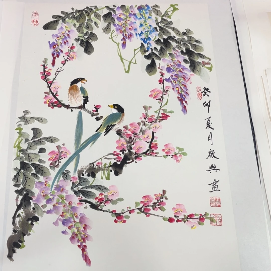 国画四尺三开花鸟