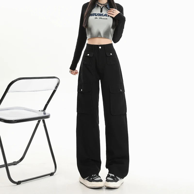 2025秋季美式街头工装裤女高腰宽松多口袋设计感牛仔长裤拖地裤子