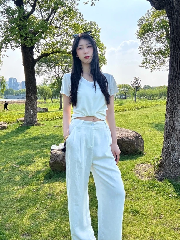 【小怡】夏季纯色简约亚麻老钱风直筒阔腿白色长裤