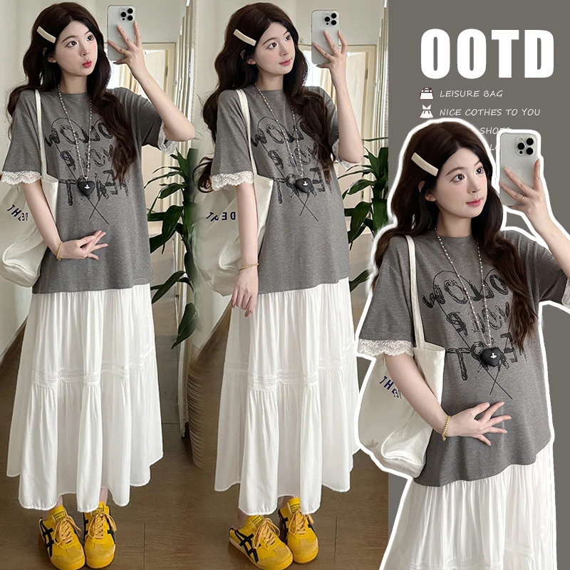 【颜若兮】2025夏季新品韩版T恤+猪鼻扣半身裙孕妇两件套