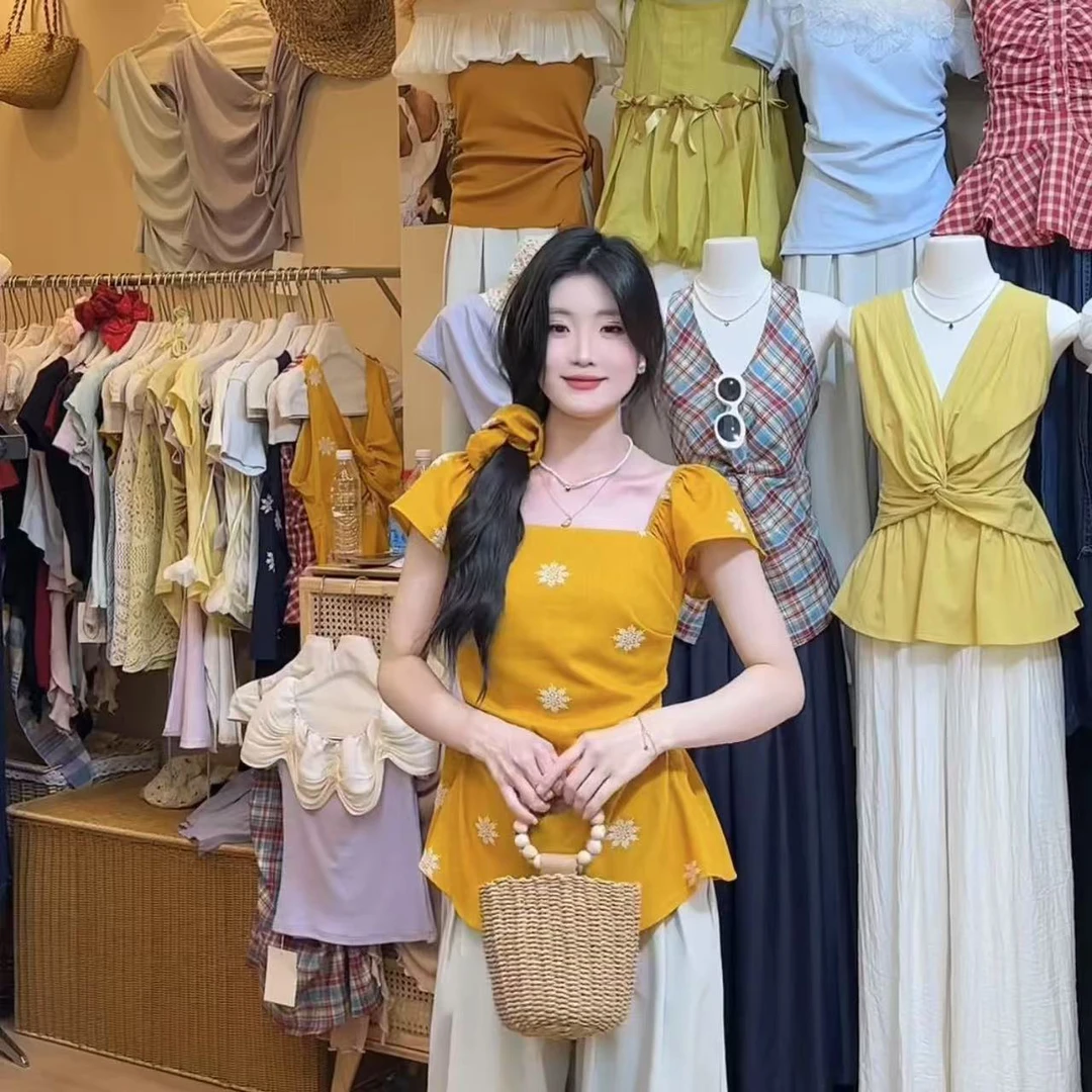 芒果黄明媚度假风3D小飞袖收腰小衫女装(配发圈)韩系温柔小清新