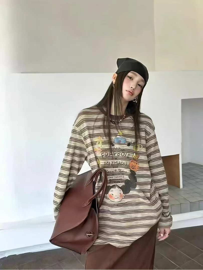 【奥莉】2025秋冬:卡通女孩印花条纹长袖T恤女宽松显瘦潮3517