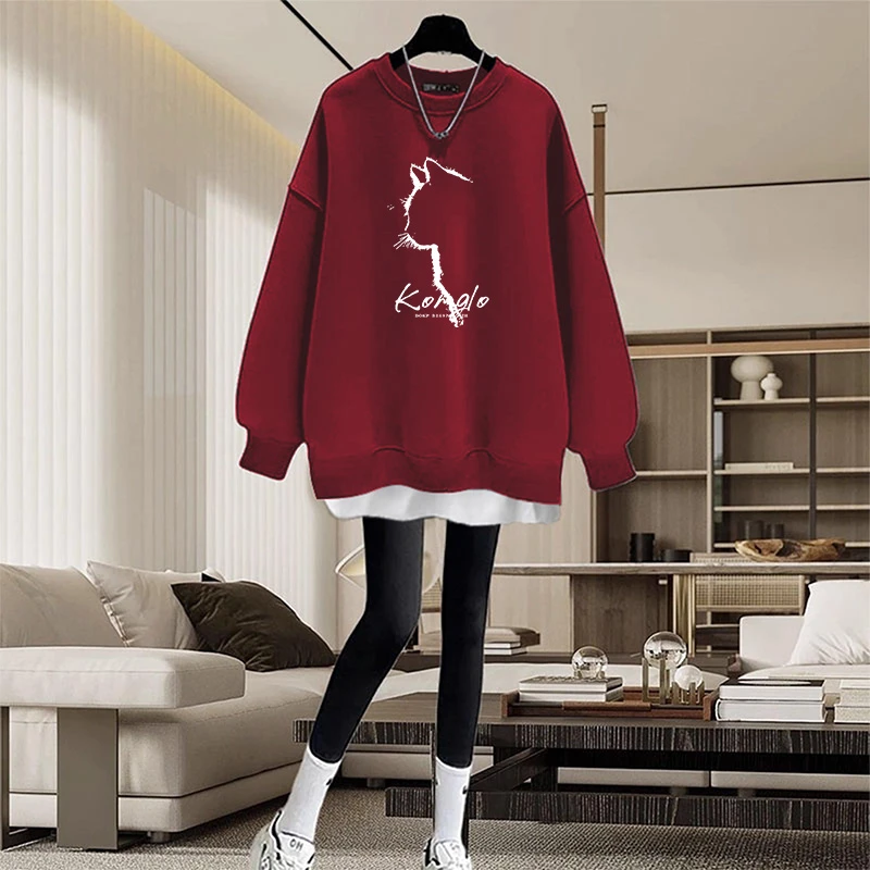 假两件圆领卫衣女2026秋冬新款宽松中长款盖屁股加厚酒红色上衣