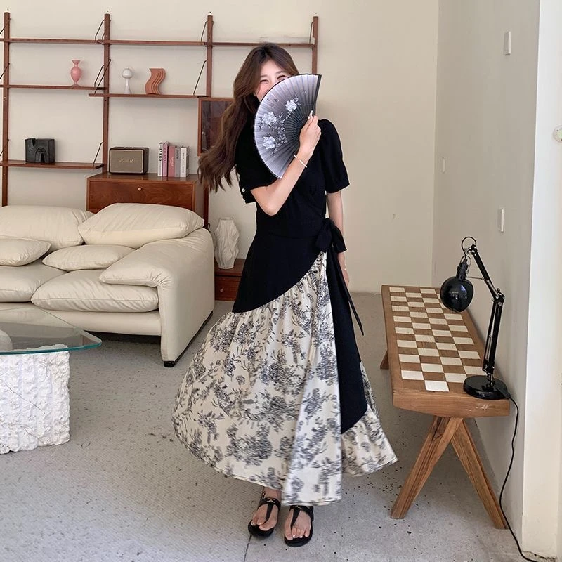 胖mm休闲百搭法式简约印花连衣裙