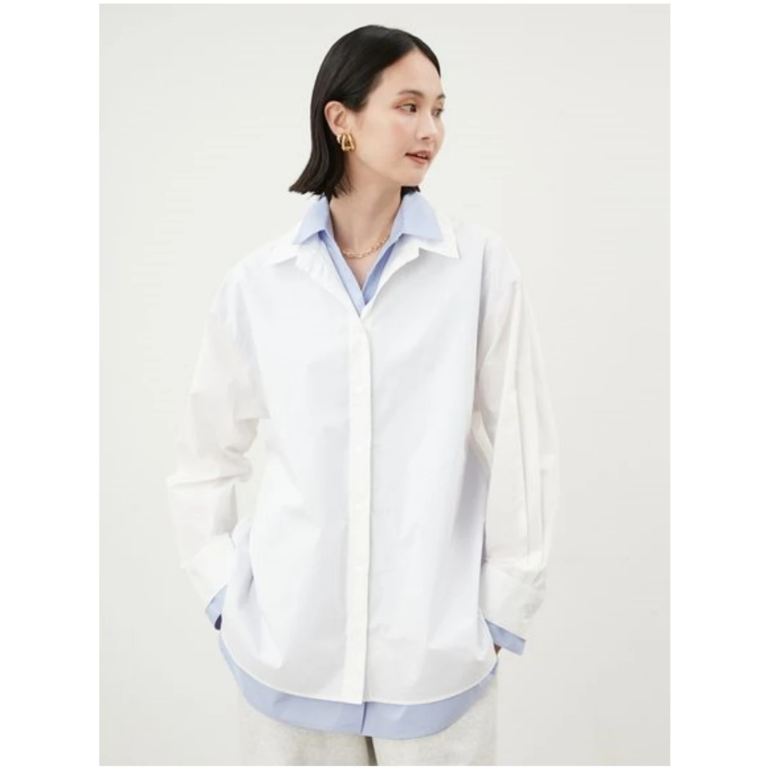 【DD外贸】 M 秋季新款 时尚设计感翻领假两件简约长袖衬衫