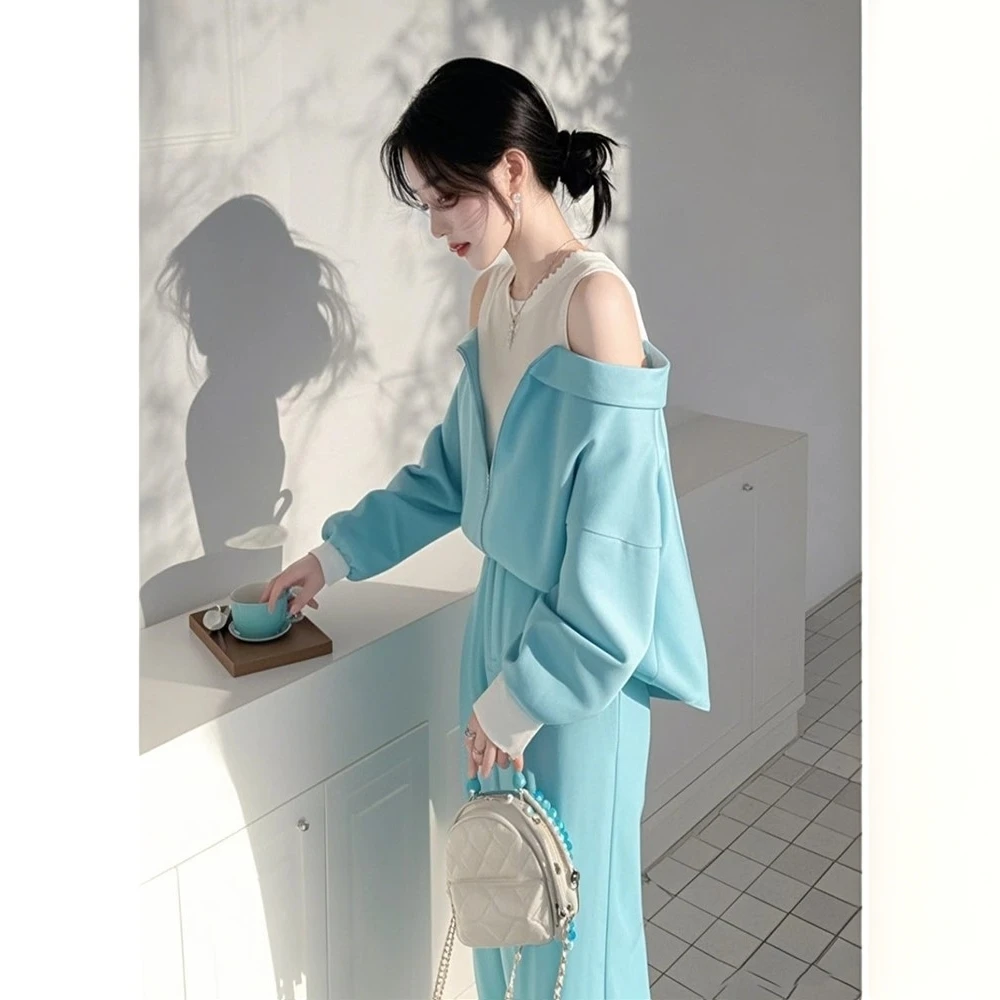 2025超火多巴胺绝美小香风高级感蓝色假两件露肩衬衫套装裤女春季