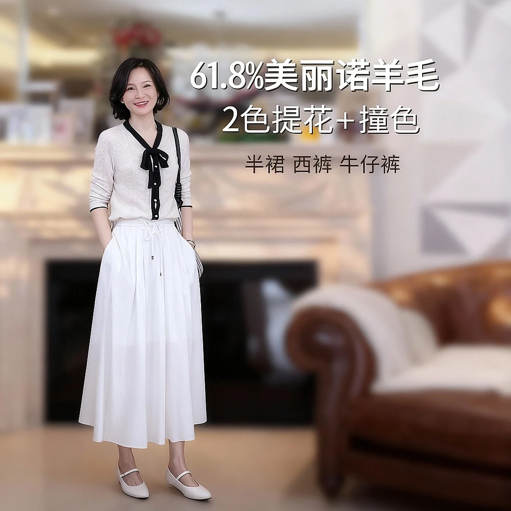 RuienCo  富家千金 香风撞色德国美丽诺羊毛系带秋针织衫上衣