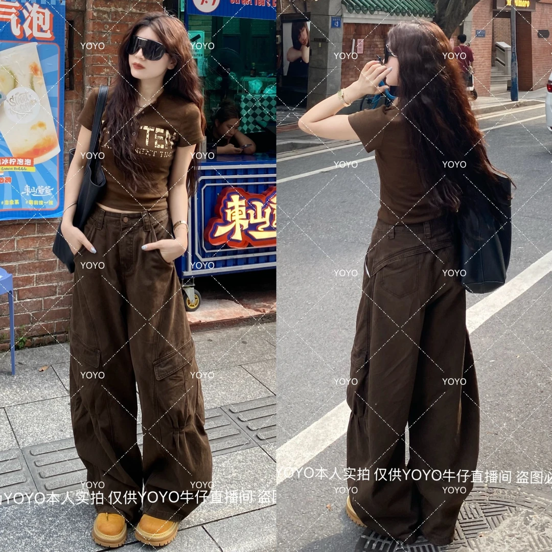 YOYO自制【褶皱口袋】早秋显瘦洋气时尚复古炸街水洗牛仔工装裤