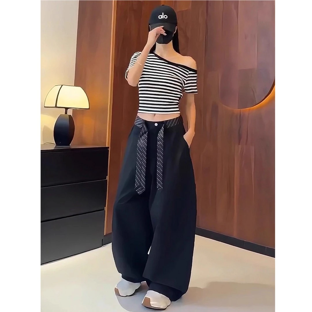 2025新款白色带腰带弯刀工装裤女款夏季宽松阔腿裤薄款裤子小个子