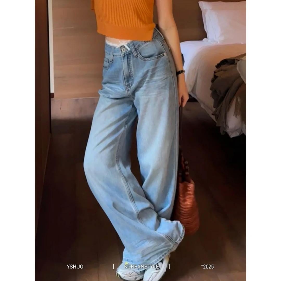 【海德花园】韩系高腰直筒显瘦蕾丝腰头拼接磨毛牛仔裤女N2628