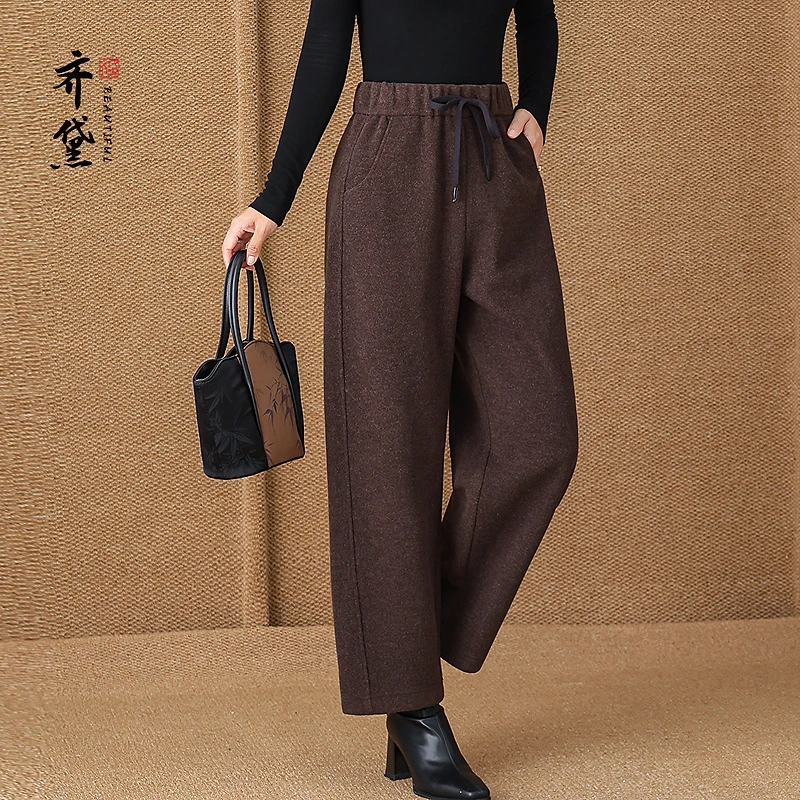 【齐黛】棕色中年妈妈休闲裤女2025秋冬松紧腰系带直筒阔腿裤603