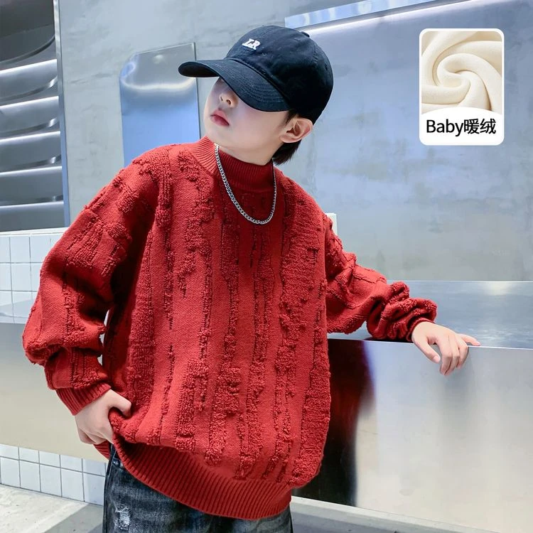 男童装冬季红色毛衣加厚加绒新款儿童新年装男大童秋冬款毛衣8578