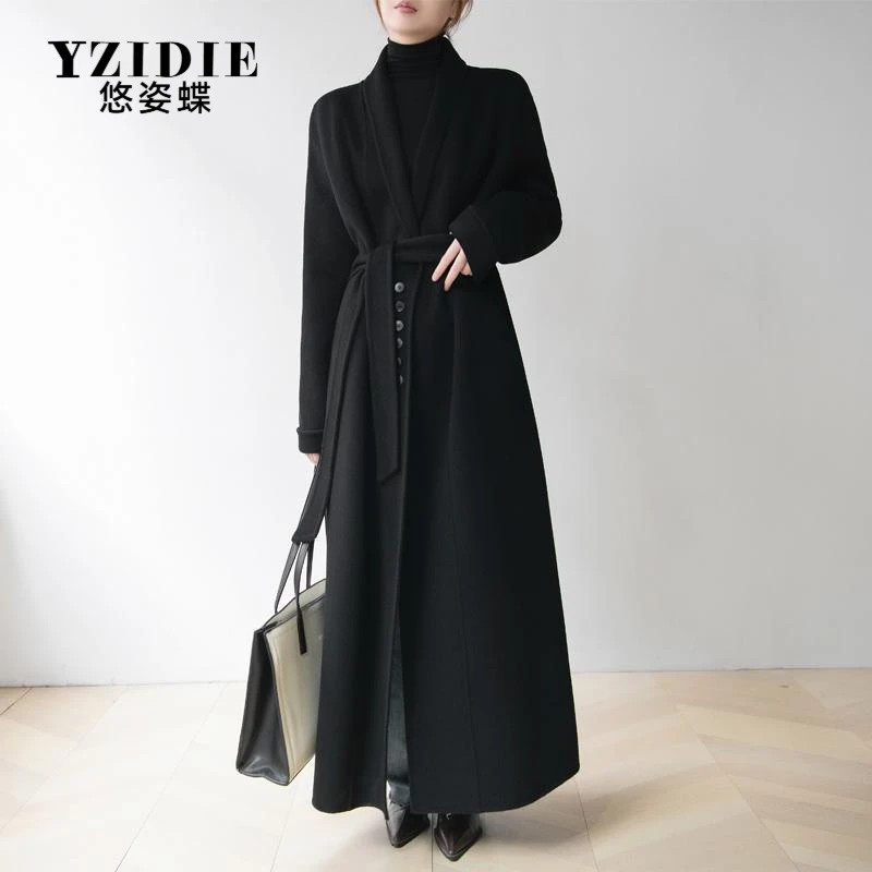 YZIDIE赫本风高端青果领黑色双面呢大衣女冬高个子超长款直筒