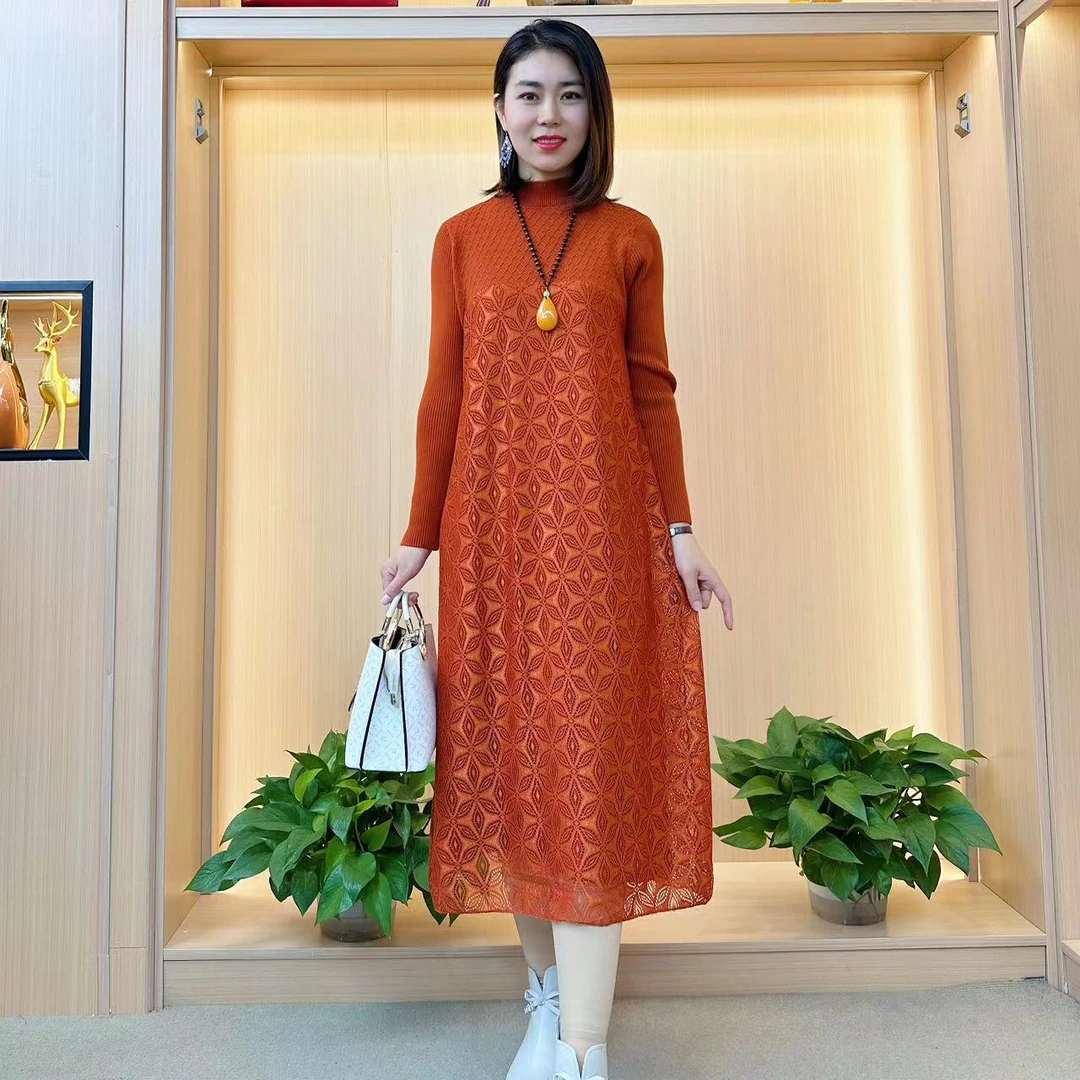 秋冬打底内搭长袖百搭连衣裙毛衣裙无袖打底植物花卉中长款针织