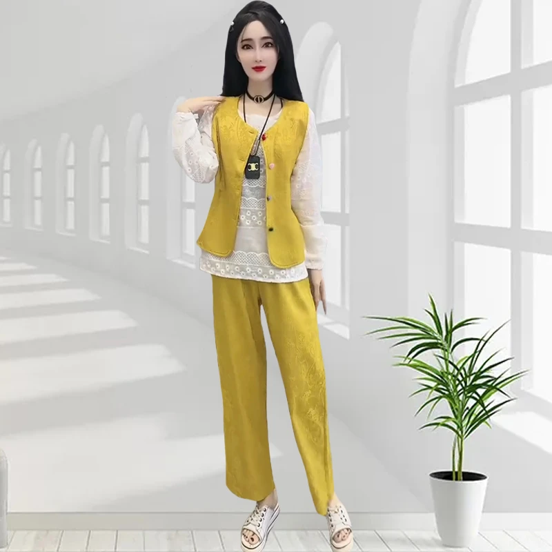 春夏新款气质百搭国风三件套6429新中式显瘦马甲+衬衫+长裤套装