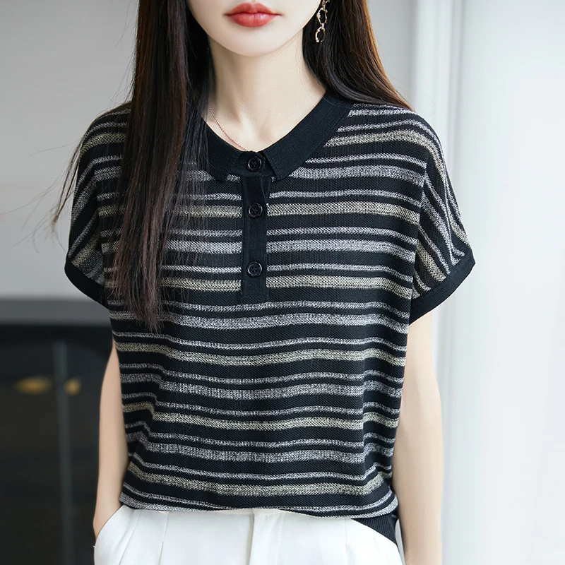 品牌时尚女装夏薄款宽松时尚气质显瘦翻领针织衫T恤上衣短袖百搭