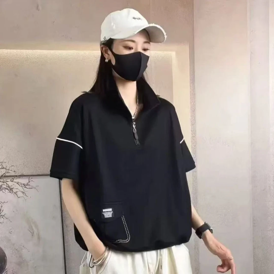 夏季新款时尚百搭立领拉链卫衣设计感不规则小口袋卫衣显瘦洋气