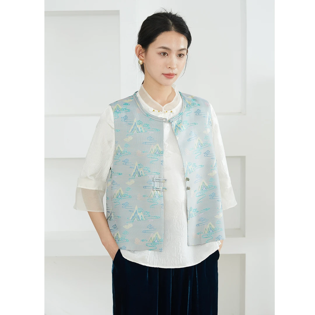 SILVIYE100桑蚕丝双面异色萝真丝国风马甲圆领无袖背心秋SJDW066