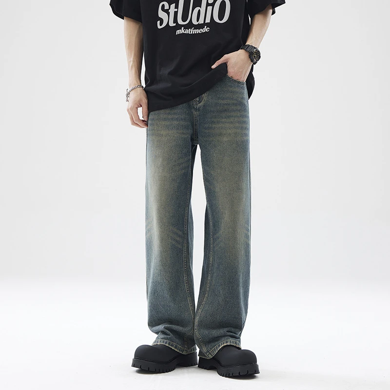 牛仔裤阔腿裤男美式高街男士蓝色高腰休闲复古宽松