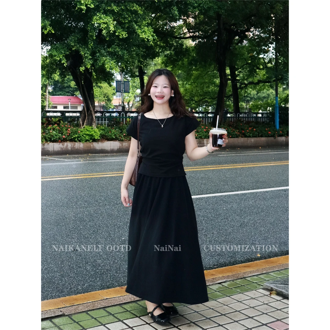 奈看小个子【通勤套装】夏季显瘦气质收腰短袖A字半裙两件套