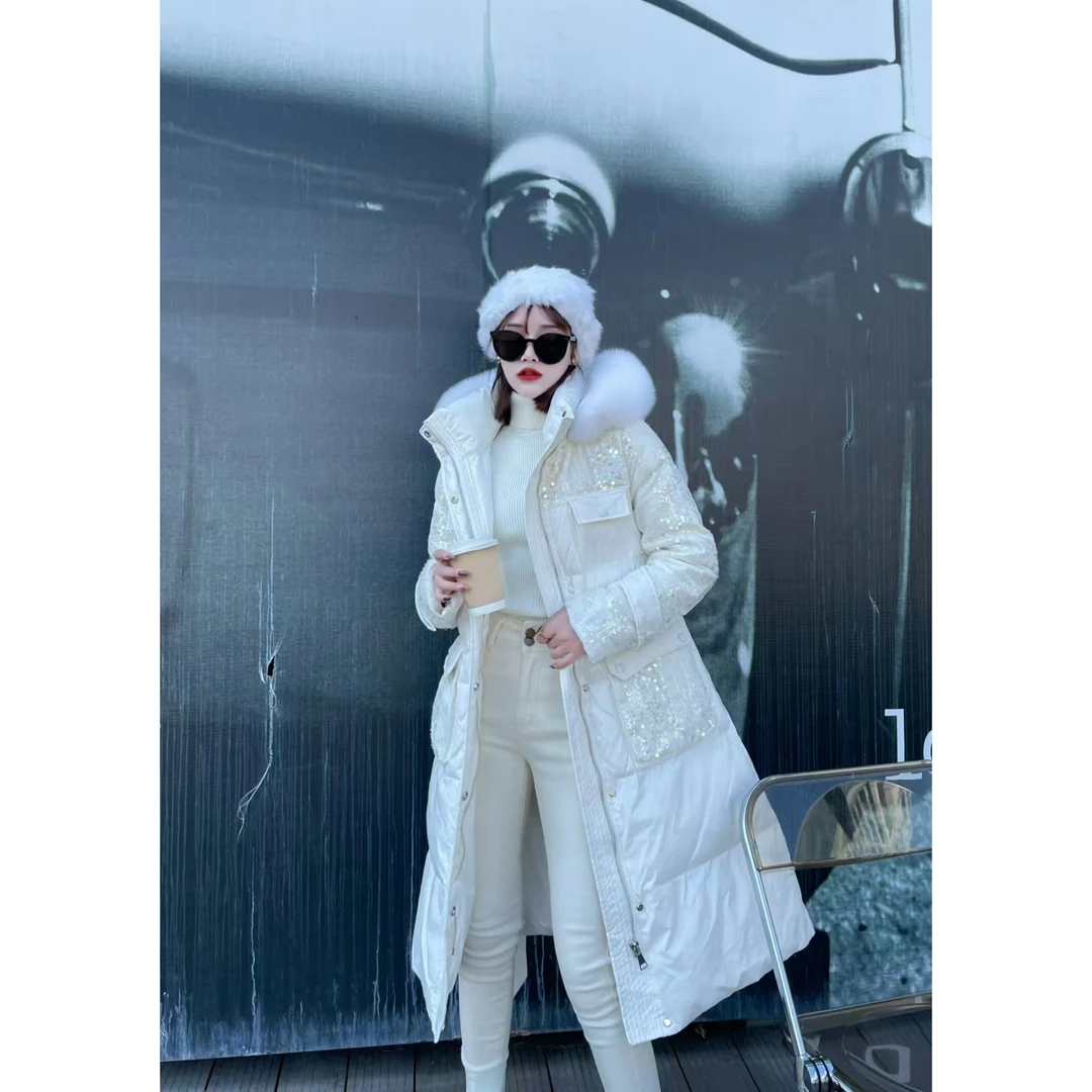 冬季90白鸭绒+狐狸毛女装长款亮片外套鸭绒服-HN0108005
