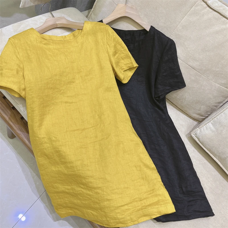 夏季中长款透气亚麻短袖连衣裙简约百搭显瘦