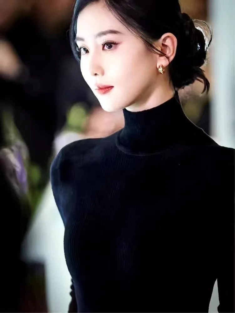 【刘诗诗同款天鹅颈5】秋冬黑色半高领女士针织打底衫弹力内搭毛衣